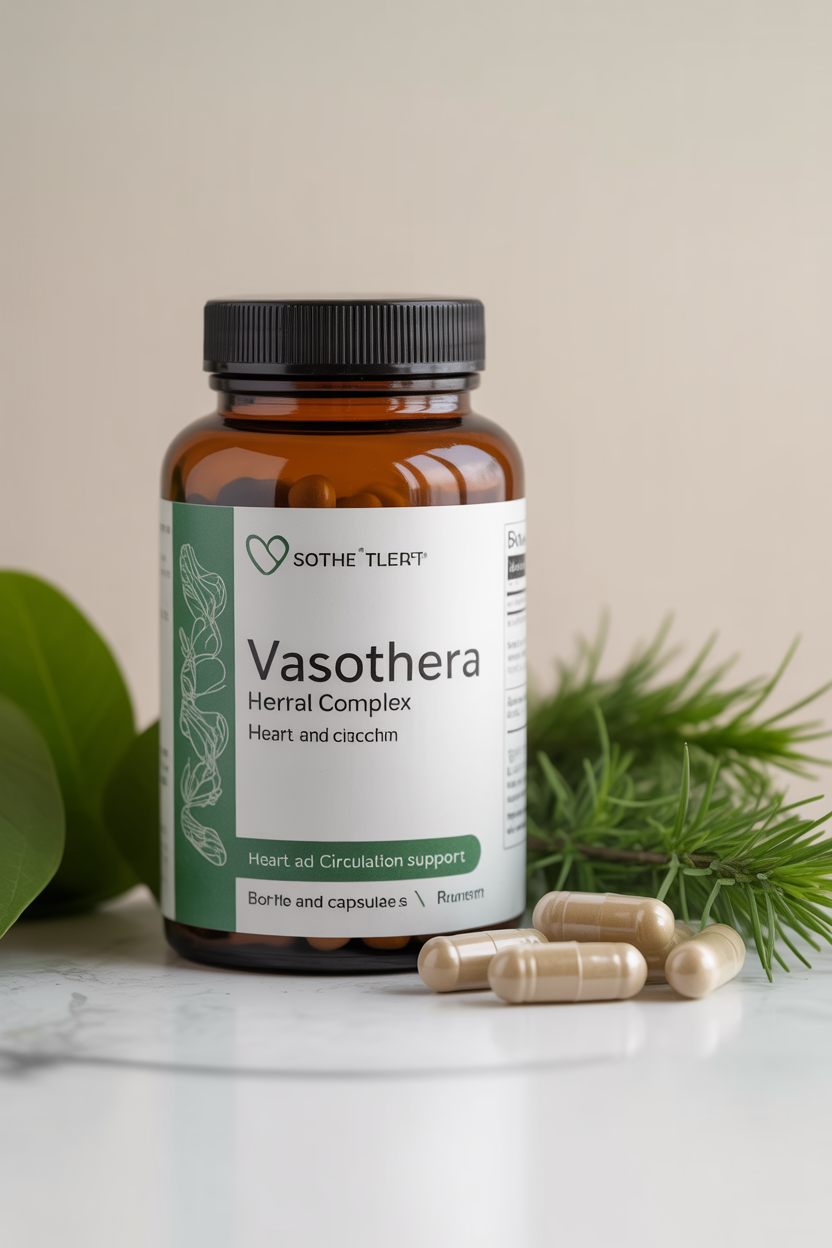 Vasothera herbal complex bottle and capsules, food supplement